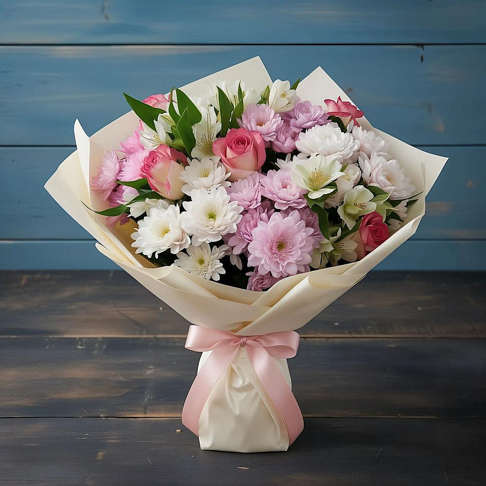 Букет цветов из: Хризантемы, Альстромерии и Розы в Чистогорском